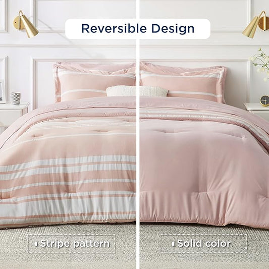 Bedsure Queen Comforter Set 7 Pieces, Light Pink Striped Bedding Set for All Seasons, Reversible, Cationic Dyeing Bed in a Bag with Comforter, Sheets, Pillowcases & Shams