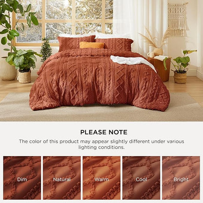 Bedsure Tufted Boho Comforter Set Full Size - Terracotta Boho Bed Set, GentleSoft™ 3 Pieces Farmhouse Shabby Chic Embroidery Bedding, Gifts for Woman, Soft Jacquard Full Comforter for All Seasons