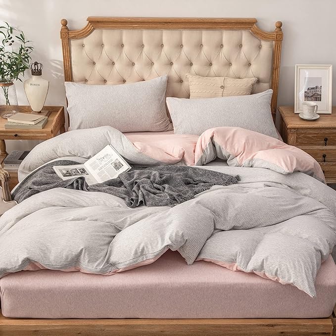 PURE ERA Jersey Knit Duvet Cover Set 100% T-Shirt Heather Cotton Super Soft Comfy Classic Striped Design, with Zipper Closure, Grey Light Pink Pinstripe, King
