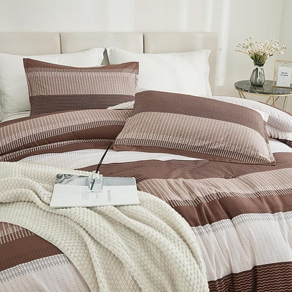 Litanika Brown Comforter Set California King - 3 Pieces Lightweight Brown White Colorblock Stripe Fluffy Bedding Comforter Sets, All Season Bed Set