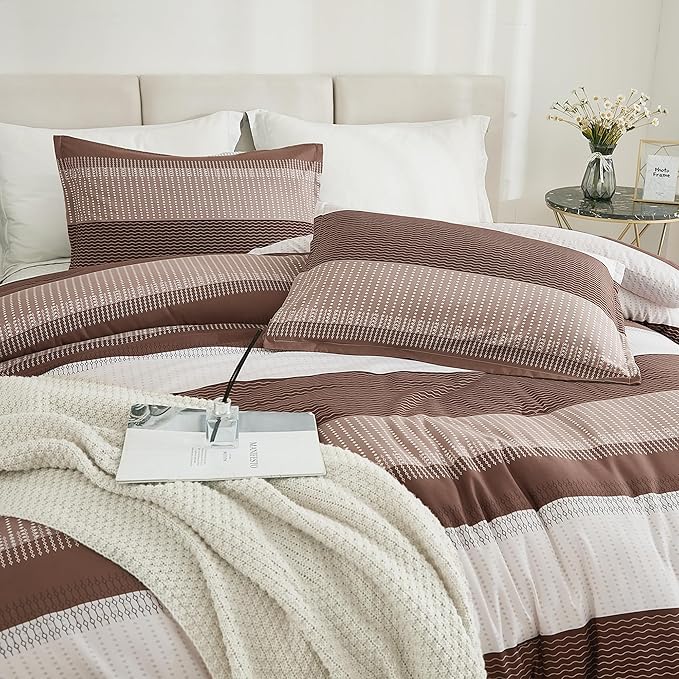 Litanika Brown Comforter Set Full - 3 Pieces Lightweight Brown White Colorblock Stripe Fluffy Bedding Comforter Sets, All Season Bed Set