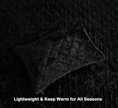 Chezmoi Collection Lux Black Velvet Quilt Queen Set, 3-Piece Lush Plush Distressed Velvet Bedding All Season Lightweight Comforter Brushed Microfiber Reverse with Diamond Stitch Quilting