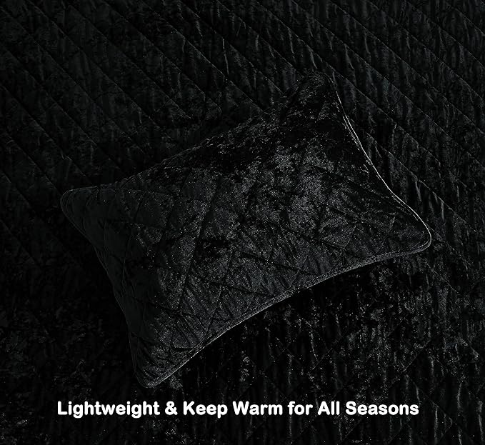 Chezmoi Collection Lux Black Velvet Quilt King Set, 3-Piece Lush Plush Distressed Velvet Bedding All Season Lightweight Comforter Brushed Microfiber Reverse with Diamond Stitch Quilting