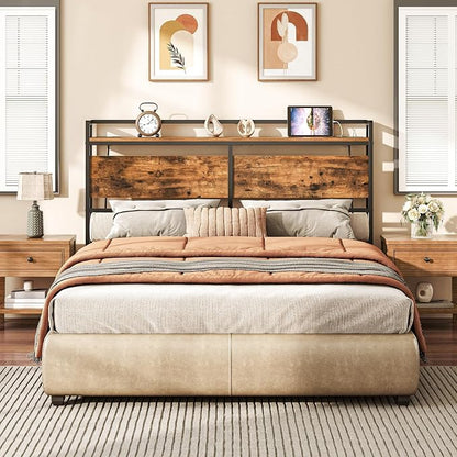 HOOBRO Headboard Full Size, Headboard with 2 Outlets and 4 USB Ports, Adjustable Height, Storage Rack, Sturdy and Stable, Easy Assembly, Rustic Brown and Black