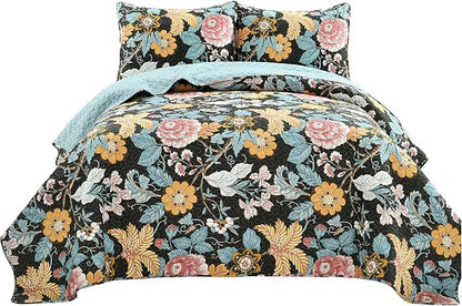 Lush Decor Sydney Reversible Cotton Quilt Set, 3 Piece Set, Full/ Queen, Black & Blue - Cotton Bedding Set - Black Floral Quilt - Cottage Decor - Bedding Queen Size