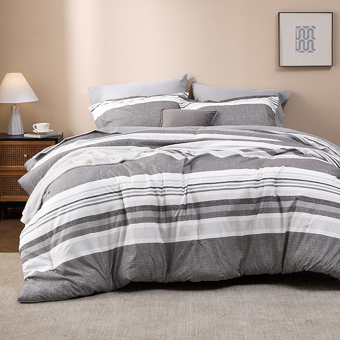 Bedsure Full Comforter Set 7 Pieces, Frost Grey Striped Bedding Set for All Seasons, Reversible, Cationic Dyeing Bed in a Bag with Comforter, Sheets, Pillowcases & Shams