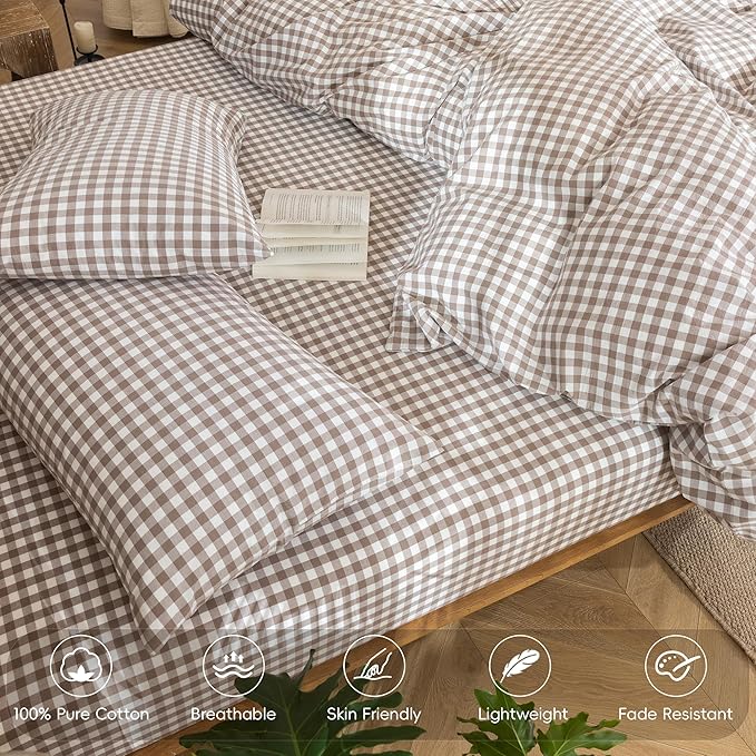 MooMee Bedding Pillowcases Pack of 4 100% Washed Cotton Linen Like Textured Breathable Durable Soft Comfy (Brown Gingham, Queen)