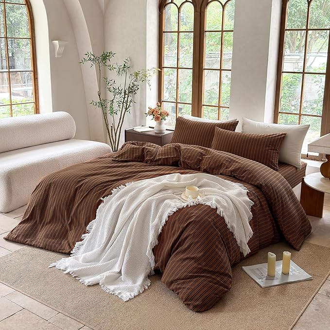 Striped Duvet Cover Set 100% Washed Cotton Linen Like Soft Feelling Breathable Bedding(Burnt Orange/Black Strip,Full)
