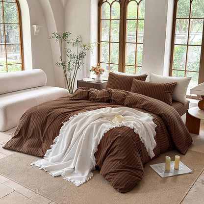 Striped Duvet Cover Set 100% Washed Cotton Linen Like Soft Feelling Breathable Bedding(Burnt Orange/Black Strip,Full)