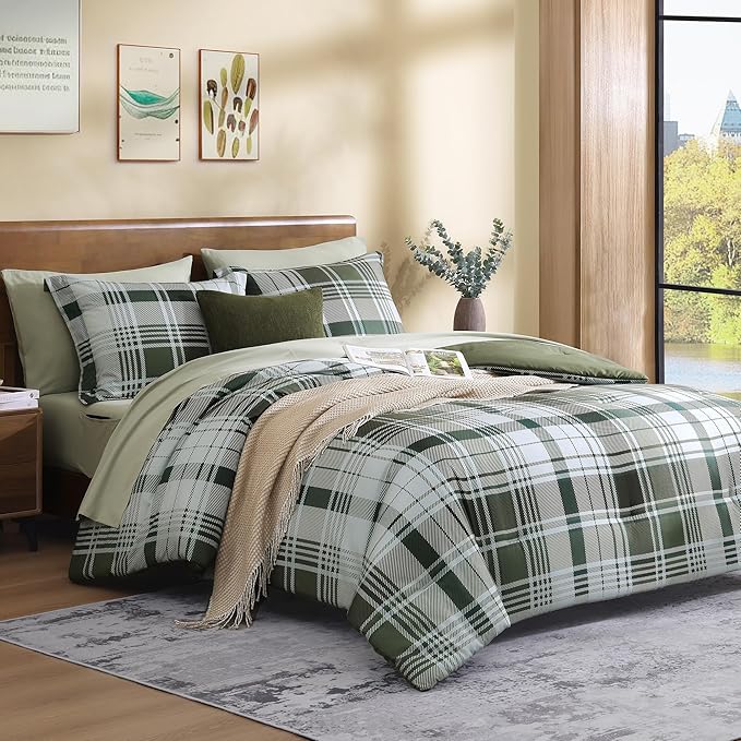 MaiRêve Full Size Comforter Set Olive Green, Plaid Design Comforter Set 7 Pieces, All Season Comfortable Bedding Sets Full, Lightweight, Soft and Warm (Olive Green, Full)
