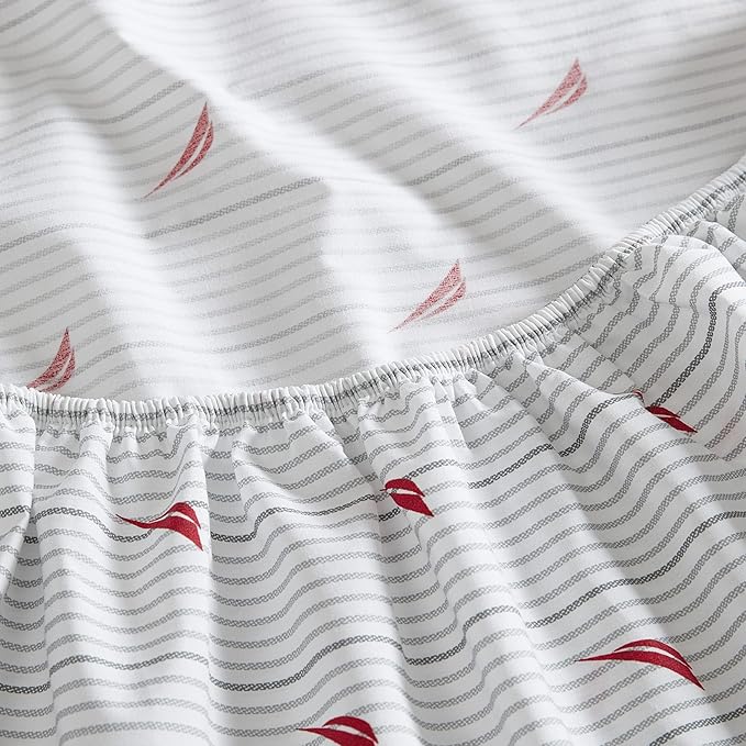 Nautica- Queen Size Sheet Set, Crisp & Tailored Cooling Sheets with a Smooth Cotton Percale Lightweight Feel - Bed Sheets with Matching Pillowcases & Fitted Sheet (Audley Stripe Red)