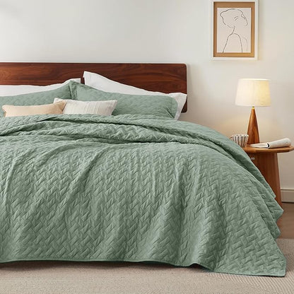 Bedsure California King Quilts - Lightweight Bedspreads Cal King Size with Basket Weave Pattern, Soft Quilt Bedding Set, Sage Green Comforter Set Coverlet with 2 Pillow Shams (111" x 106") | Skin-Friendly Soft, All-Season Comfort, Breathable, Lightweig...