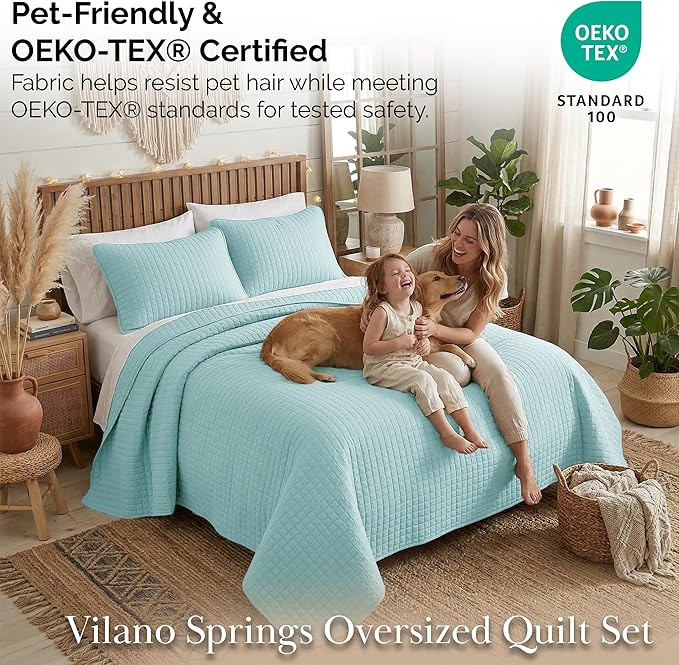 Southshore Fine Living, Inc. Quilts Queen Size with 2 Pillow Shams, Full Bedding Set, Pet Hair Resistant Bedding, Quilt Coverlet Bedspreads Queen Size/Full Bedspread with 2 Pillow Shams, Sky Blue