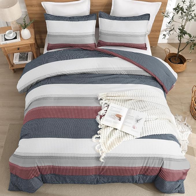 Litanika Comforter Set Queen Size Red Blue - 3 Pieces Lightweight Colorblock Stripe Fluffy Bedding Comforter Sets, All Season Bed Set