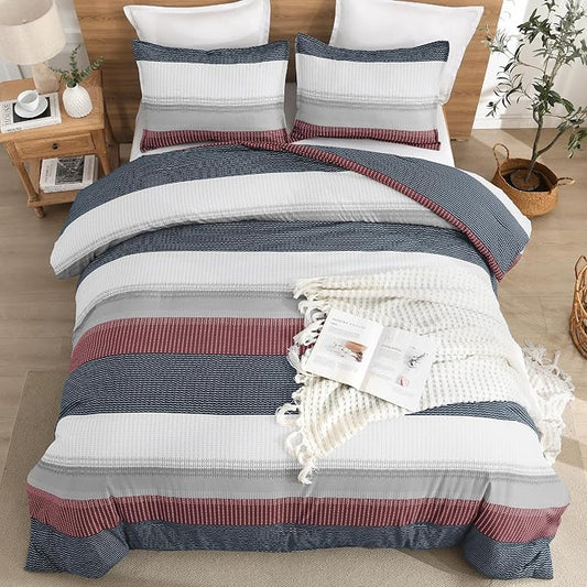 Litanika Comforter Set Queen Size Red Blue - 3 Pieces Lightweight Colorblock Stripe Fluffy Bedding Comforter Sets, All Season Bed Set