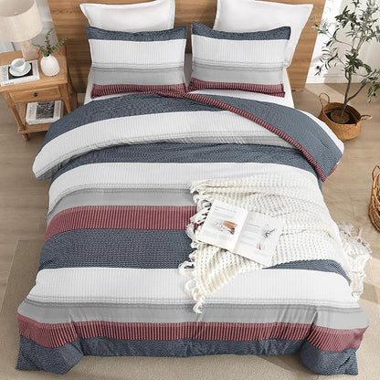 Litanika Comforter Set King Size Red Blue - 3 Pieces Lightweight Colorblock Stripe Fluffy Bedding Comforter Sets, All Season Bed Set