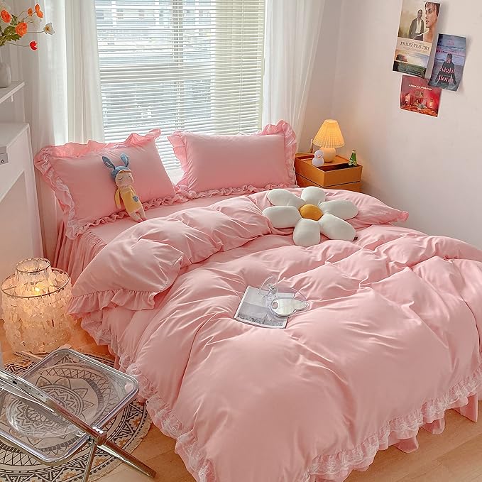 MOOWOO Chic Ruffle Lace Polyester Duvet Cover Set -Girl Pink Bedding-3 Piece Full Duvet Cover with Zipper Closure -Ultra Soft and Light Weight (Pink, Full)