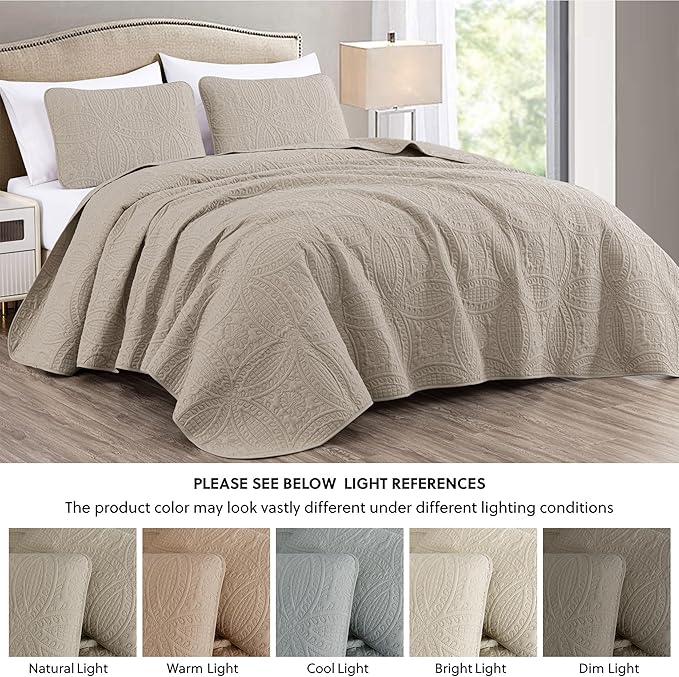Chezmoi Collection Austin 3-piece Oversized Bedspread Coverlet Set (King, Khaki) | Oversized, Lightweight, Fade Resistant