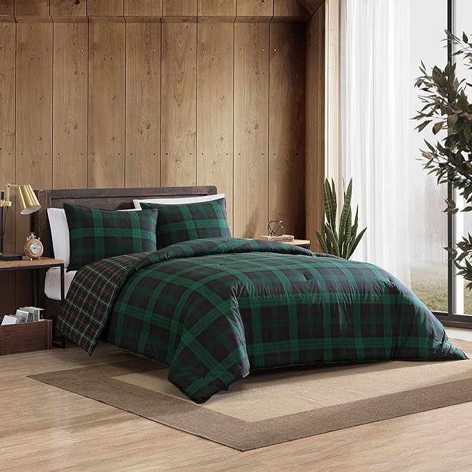 Eddie Bauer - King Comforter Set, Cotton Reversible Bedding with Matching Shams, Stylish Plaid Home Decor (Woodland Tartan Green, King)