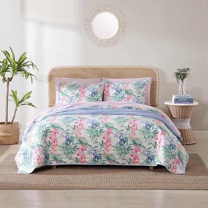 Tommy Bahama - Queen Quilt Set, Reversible Cotton Coastal Bedding with Matching Shams, Colorful Botanical Bedding Set (Island Orchid Pink/Blue)