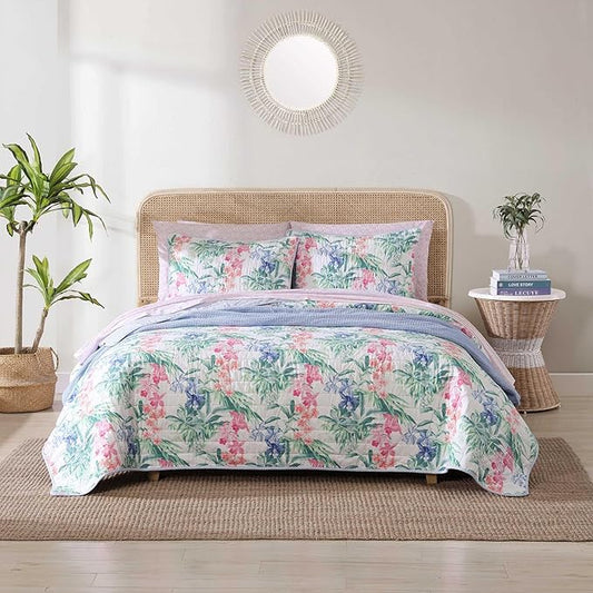 Tommy Bahama - Queen Quilt Set, Reversible Cotton Coastal Bedding with Matching Shams, Colorful Botanical Bedding Set (Island Orchid Pink/Blue)
