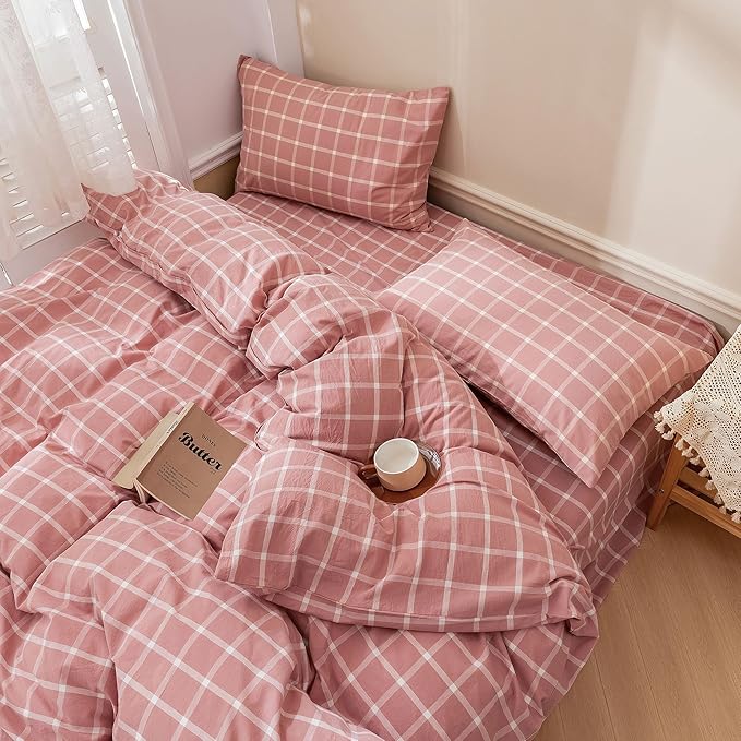 EAVD Modern Style Pink Plaid Duvet Cover Queen Soft Cotton Pink and White Grid Plaid Bedding Set with 2 Pillowcases Simple Checkered Geometric Duvet Cover with Zipper Closure