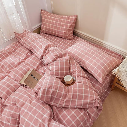 EAVD Modern Style Pink Floral Duvet Cover King Soft Soft White and Pink Grid Plaid Bedding Set with 2 Pillowcases Reversible Checkered Geometric Pattern Duvet Cover with Zipper Closure