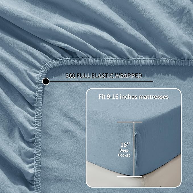 LBRO2M 100% Pure Linen Sheet Set Deep Pocket Up to 16" Bed Sheets Sets, Natural Flax Beddings Soft, Breathable, Comfortable for All Seasons 4 Pcs Sheet Set King Size, Dusty Blue