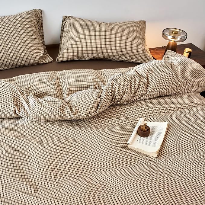 Gingham Duvet Twin Cover Beige Boho Comforter Cover Twin Size Washed Cotton Plaid Checkered Farmhouse Duvet Cover Set with Hidden Zipper Neutral Teen Bedding Set Soft Duvet Protector
