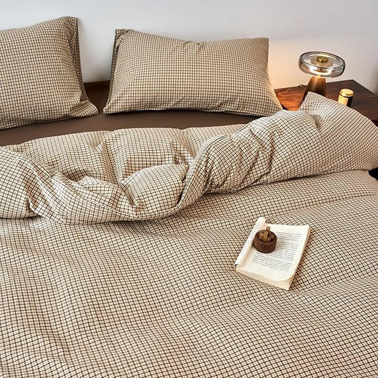 Gingham Twin XL Duvet Cover Set Beige Boho Comforter Cover Twin XL Washed Cotton Plaid Checkered Farmhouse Duvet Cover Set with Hidden Zipper Neutral Teen Bedding Set Soft Duvet Protector