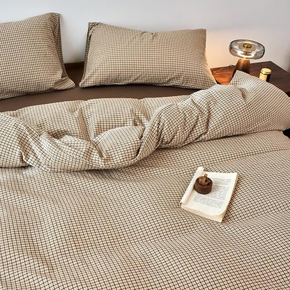 Gingham Duvet Queen Size Cover Beige Boho Queen Comforter Cover Set Washed Cotton Plaid Checkered Farmhouse Duvet Cover Set with Hidden Zipper Neutral Teen Bedding Set Soft Duvet Protector