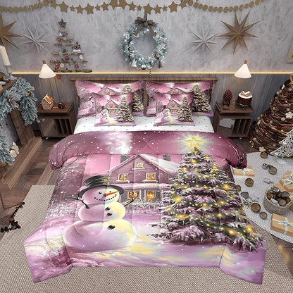 Castle Fairy Cute Xmas Snowman 7 Pieces Bedding Set King Bed in a Bag,Rustic Farmhouse Cabin Outdoor Christmas Tree Comforter Set,Happy New Year Soft Warm Microfiber Bedding