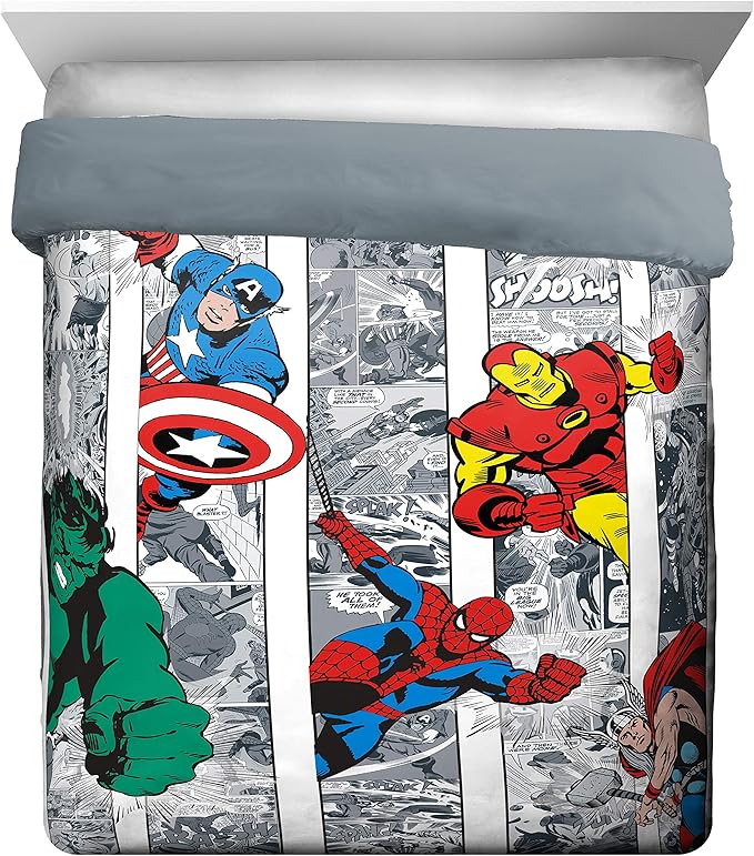 Jay Franco Marvel Avengers Comic Cool 7 Piece Queen Bed Set - Includes Comforter & Sheet Set - Bedding Features Captain America, Spiderman, Iron Man, Hulk, & Thor - Super Soft