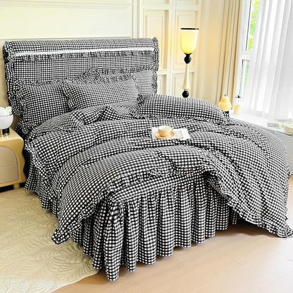 LifeTB Black Gingham Comforter Set King Ruffle Checkered Plaid Comforter Set 3 Pieces Boho Grid Bed Comforter with 2 Pillowcases Fluffy Soft Vintage Checkered Lightweight Gingham Bedding Set King