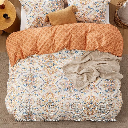 Bedsure Duvet Cover Queen Size - Reversible Floral Duvet Cover Set with Zipper Closure, 3 Pieces Bohemian Orange Bedding Set with 8 Corner Ties and 2 Pillow Shams 20"x26"