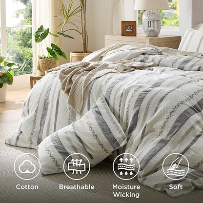 Bedsure Waffle Weave Duvet Cover Queen - 100% Cotton Boho Duvet Cover Set with 2 Pillowcases - Extra Soft Cream White Textured Comforter Cover with Zipper Closure (Queen, 90"x90")