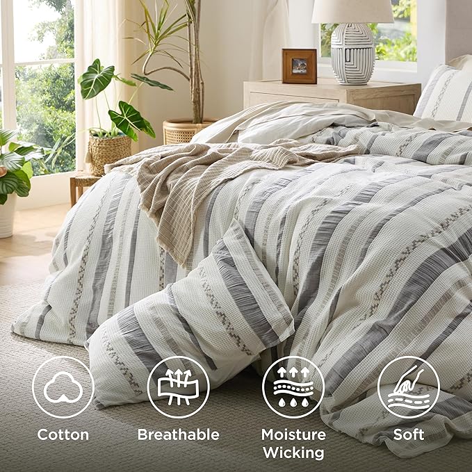 Bedsure Waffle Weave Duvet Cover King - 100% Cotton Boho Duvet Cover with 2 Pillowcases - Cream White Textured Comforter Cover with Zipper Closure (King, 104"x90")