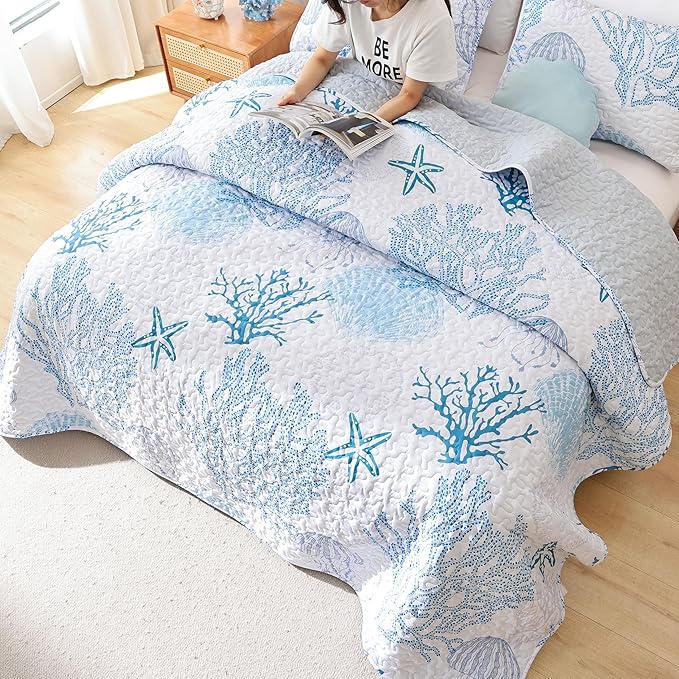 weigelia Coastal Quilts Bedding Set Queen Size - Blue Summer Nautical Bedding Quilt with Pillow Cases, Beach Reversible Quilt Set Bedspreads Coverlet Soft Lightweight Comforter