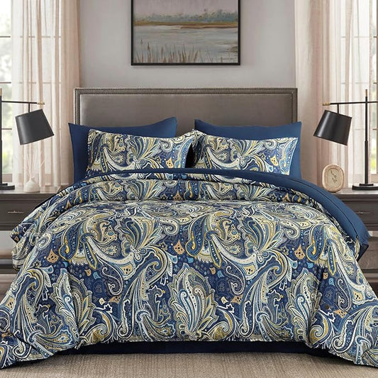 DJY Paisley Comforter Set King Size Navy Gold Boho Bed in a Bag 7 Piece, Soft Microfiber Vintage Paisley Floral Pattern Complete Bedding Set for All Season (104''x90)