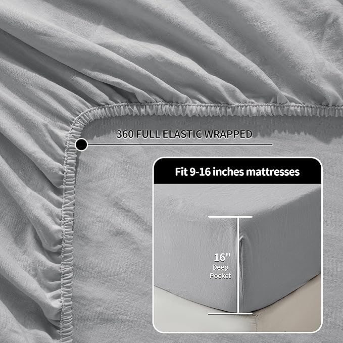 LBRO2M 100% Pure Linen Sheet Set Deep Pocket Up to 16" Bed Sheets Sets, Natural Flax Beddings Soft, Breathable, Comfortable for All Seasons 6 Pcs Sheet Set Full Size, Grey