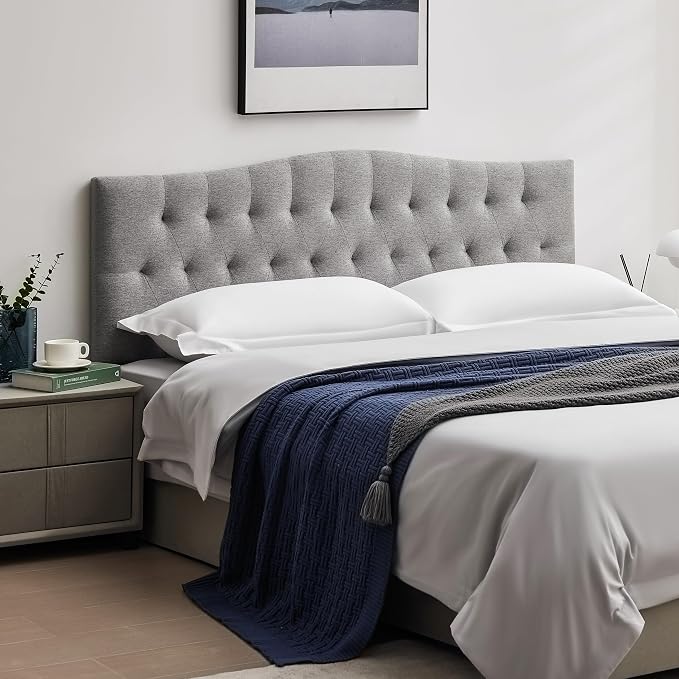 Tufted Upholstered Dorm Headboard Queen, Adjustable 38-50 in, Gray | Queen Size Upholstered Headboard for Dorm Rooms; Linen Fabric, Adjustable Height, Modern Diamond Design