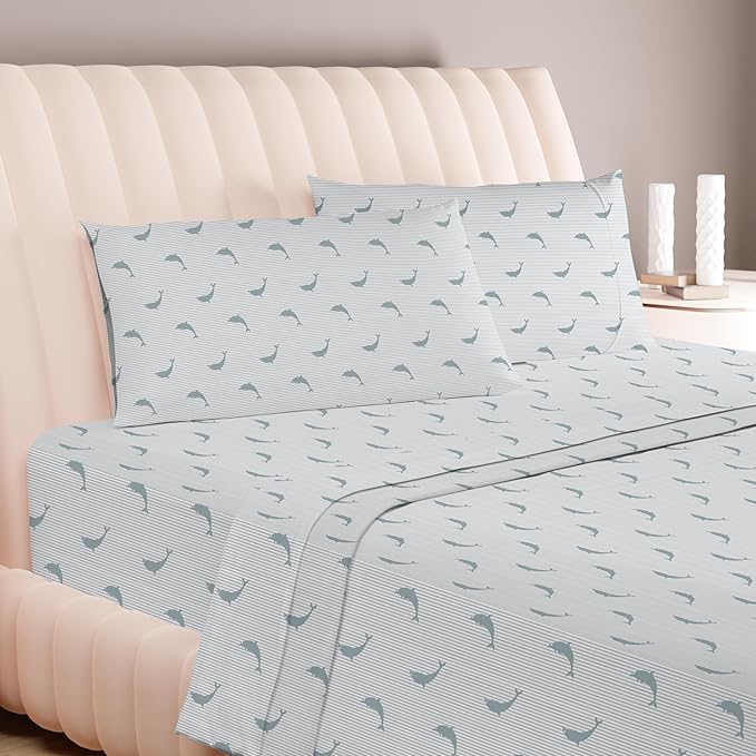 Carressa Linen Luxury Egyptian Cotton King Printed Sheet Set - 600 Thread Count Extra Long Staple 4 PC Set, Dolphin Dance King Printed Sheets, Soft, Cooling Sateen Weave Sheets Upto 18 in Deep Pocket