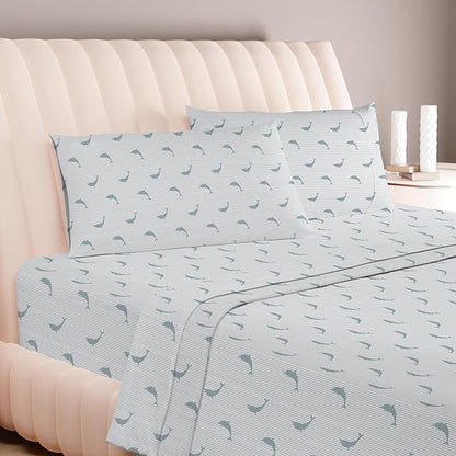 Carressa Linen Luxury Egyptian Cotton King Printed Sheet Set - 600 Thread Count Extra Long Staple 4 PC Set, Dolphin Dance King Printed Sheets, Soft, Cooling Sateen Weave Sheets Upto 18 in Deep Pocket
