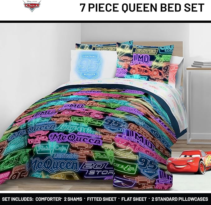 Jay Franco Kids Comforter Set Includes Sheets and Pillow Covers - Soft and Cozy Bed Set for Stylish Room Decor, Black - Cars, 7 Piece Queen Bedding