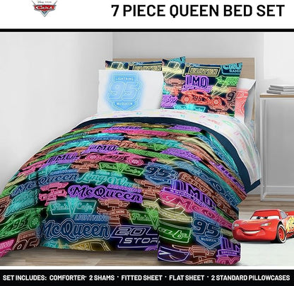 Jay Franco Kids Comforter Set Includes Sheets and Pillow Covers - Soft and Cozy Bed Set for Stylish Room Decor, Black - Cars, 7 Piece Queen Bedding