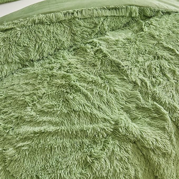Wajade Faux Fur Plush White Comforter Set Fluffy Fuzzy Shaggy Bedding Set - 3PC Full/Queen Microfiber Soft Warm Quilt Set (Sage Green, King)