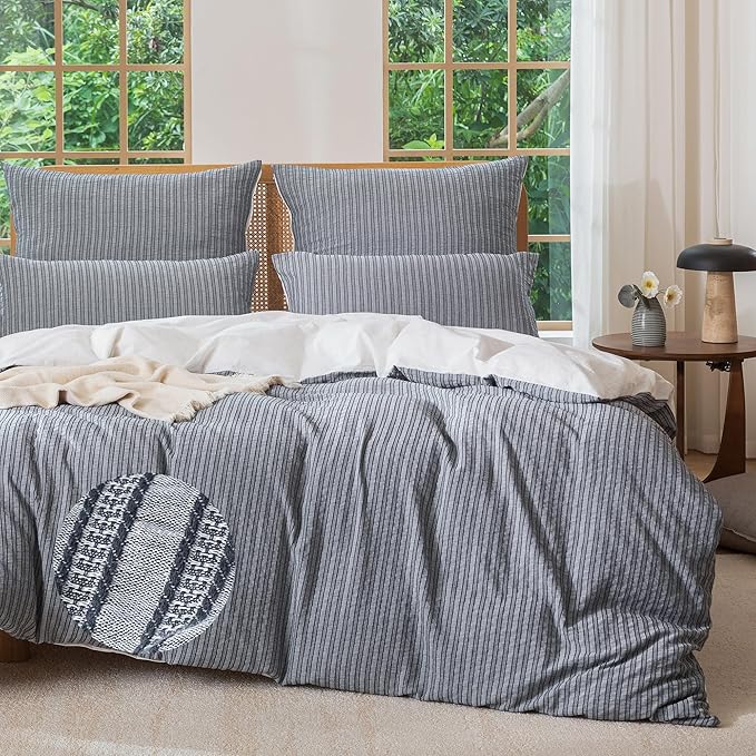 MILDLY Jacquard Stripe Duvet Cover - 100% Washed Cotton Charcoal Boho Textured Comforter Cover Set with Zipper Closure 104"x90"
