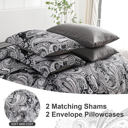 DJY Black Paisley Comforter Set Full Size 7 Piece Bed in a Bag Black and Grey Boho Paisley Pattern Comforter Set Soft Lightweight Microfiber Reversible Bedding Set for All Season