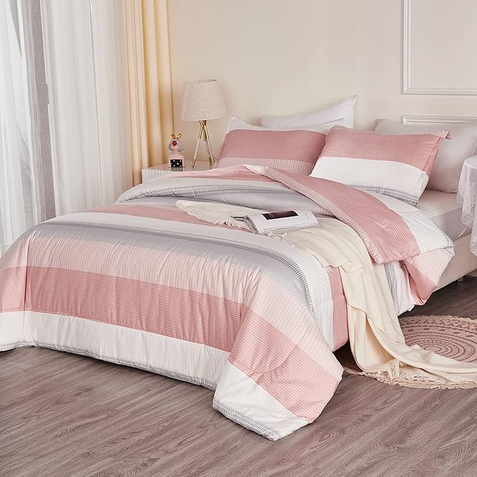 Litanika Pink Comforter Set Queen, 3 Pieces Blush White Colorblock Lightweight Bedding Comforter Set