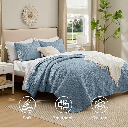 Bedsure Quilts Queen Size - Lightweight Bedspreads Queen Size with Lucky Star Quilting, Soft Quilt Bedding Set, Dusty Blue Comforter Set Coverlet for All Seasons with 2 Pillow Shams (90" x 96") | Skin-Friendly Soft, All-Season Comfort, Breathable, Ligh...